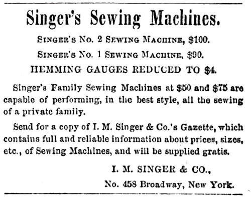 Singer Sewing Machine Ad from January 14, 1860