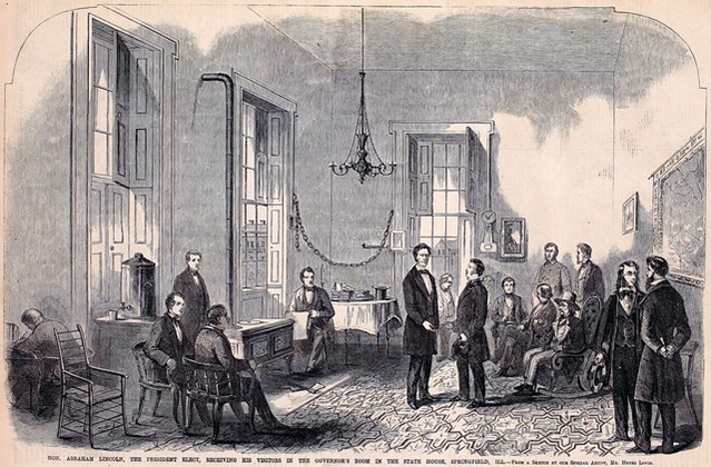 Hon. Abraham Lincoln, The President Elect, Receiving His Visitors in the Governors's Room in the State House, Springfield, Ill. - From a Sketch by a Special Artist, Mr. Henri Lovie