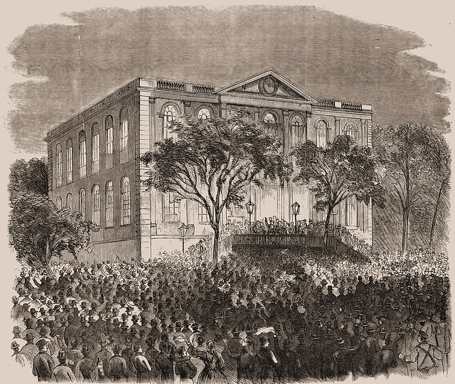 Secession orators addressing the people outside the city hall, Charleston, S.C. — from a sketch by our special artist. (depicts event from November 12, 1860)