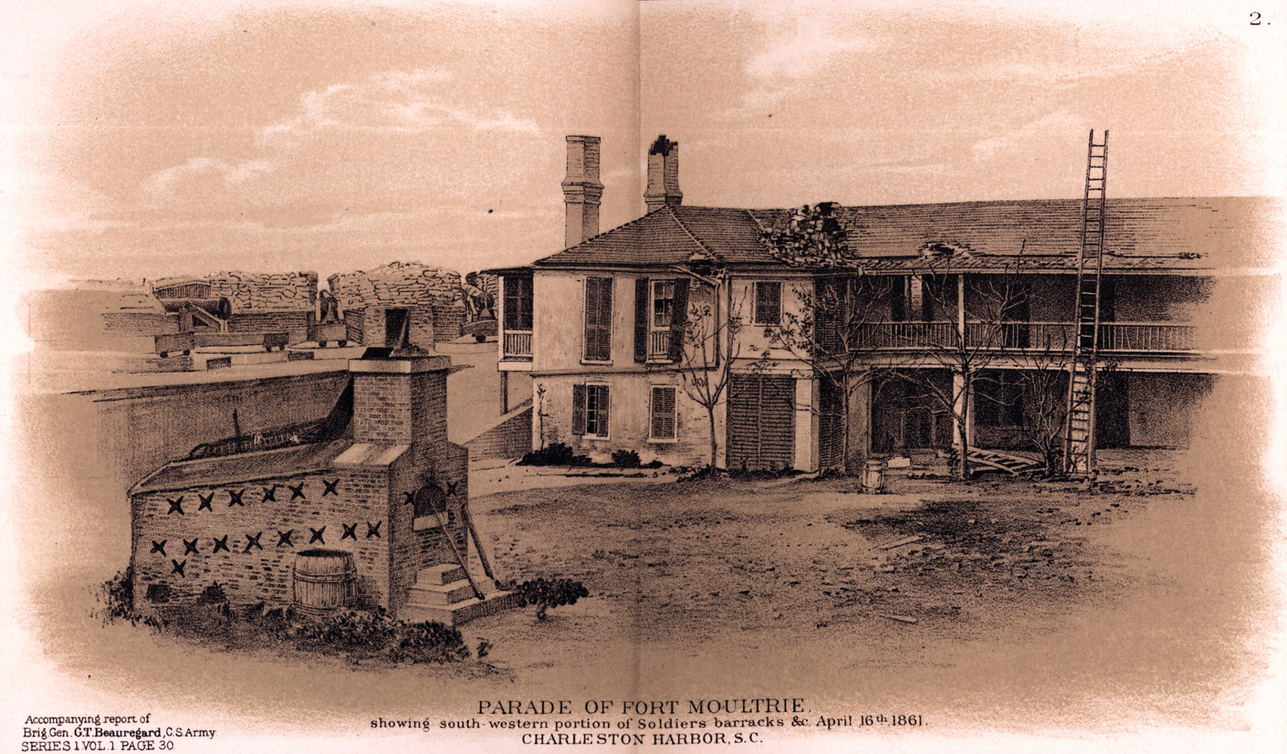 Parade of Fort Moultrie showing south-western portion of Soldiers barracks &c April 16th, 1861, Charleston Harbor, S.C.