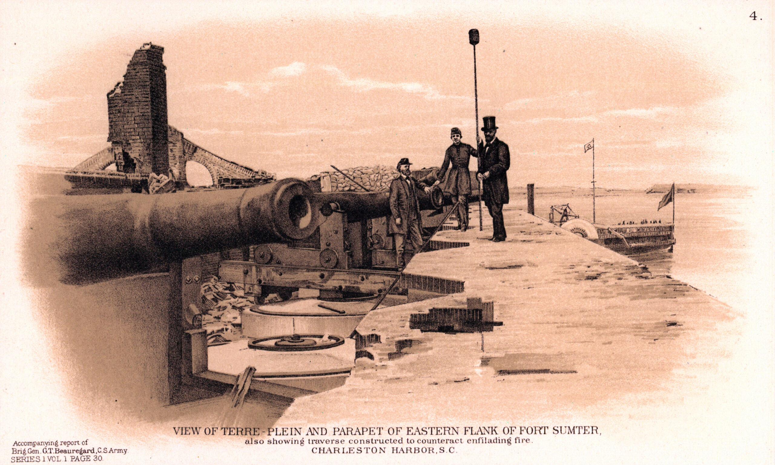 View of Terre-Plein and parapet of Eastern Flank of Fort Sumter also showing traverse constructed to counteract enfilading fire. Charleston Harbor, S.C.