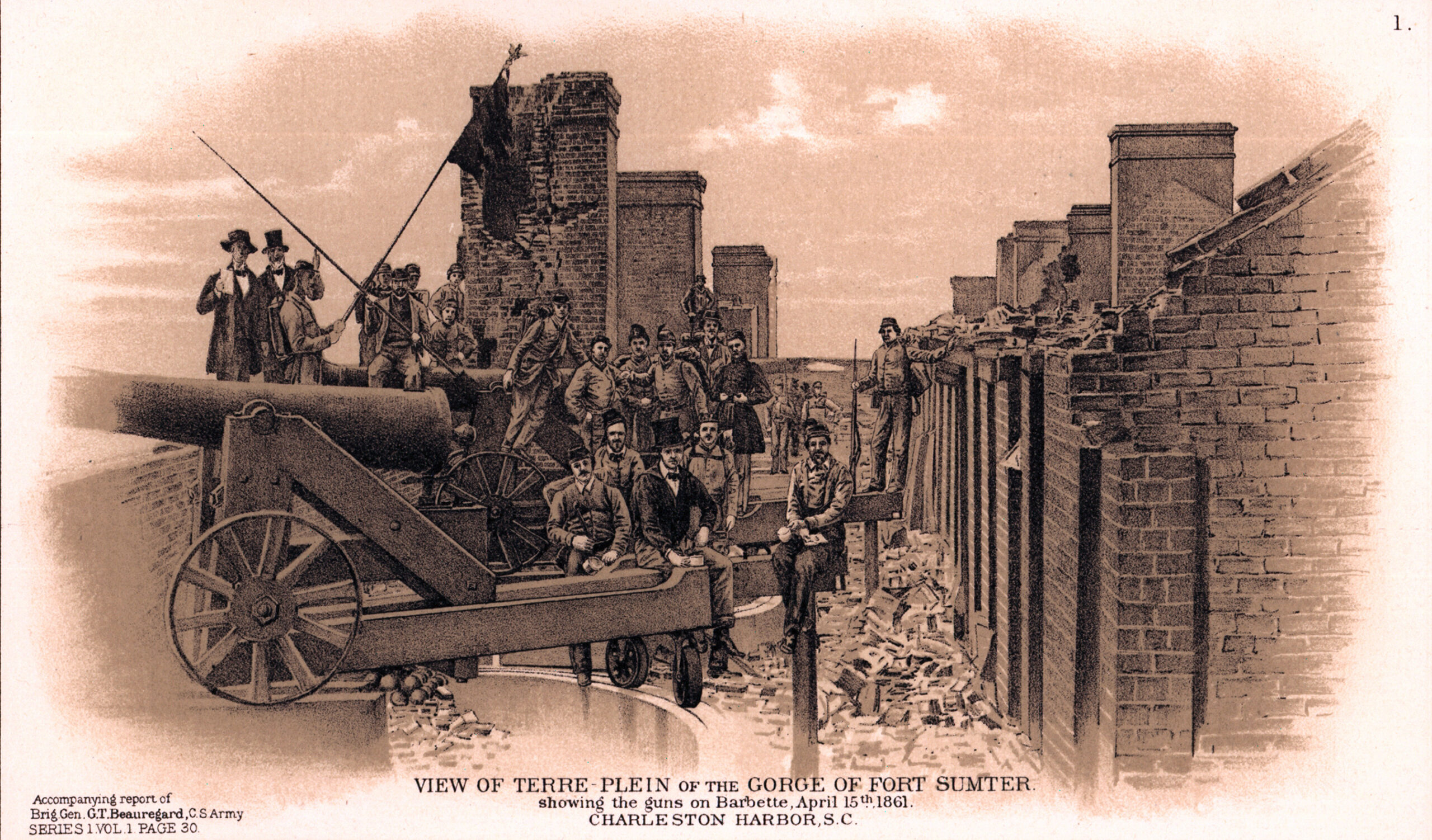 View of Terre-Plein of the Gorge of Fort Sumter showing the guns on Barbette, April 15th, 1861, Charleston Harbor, S.C.