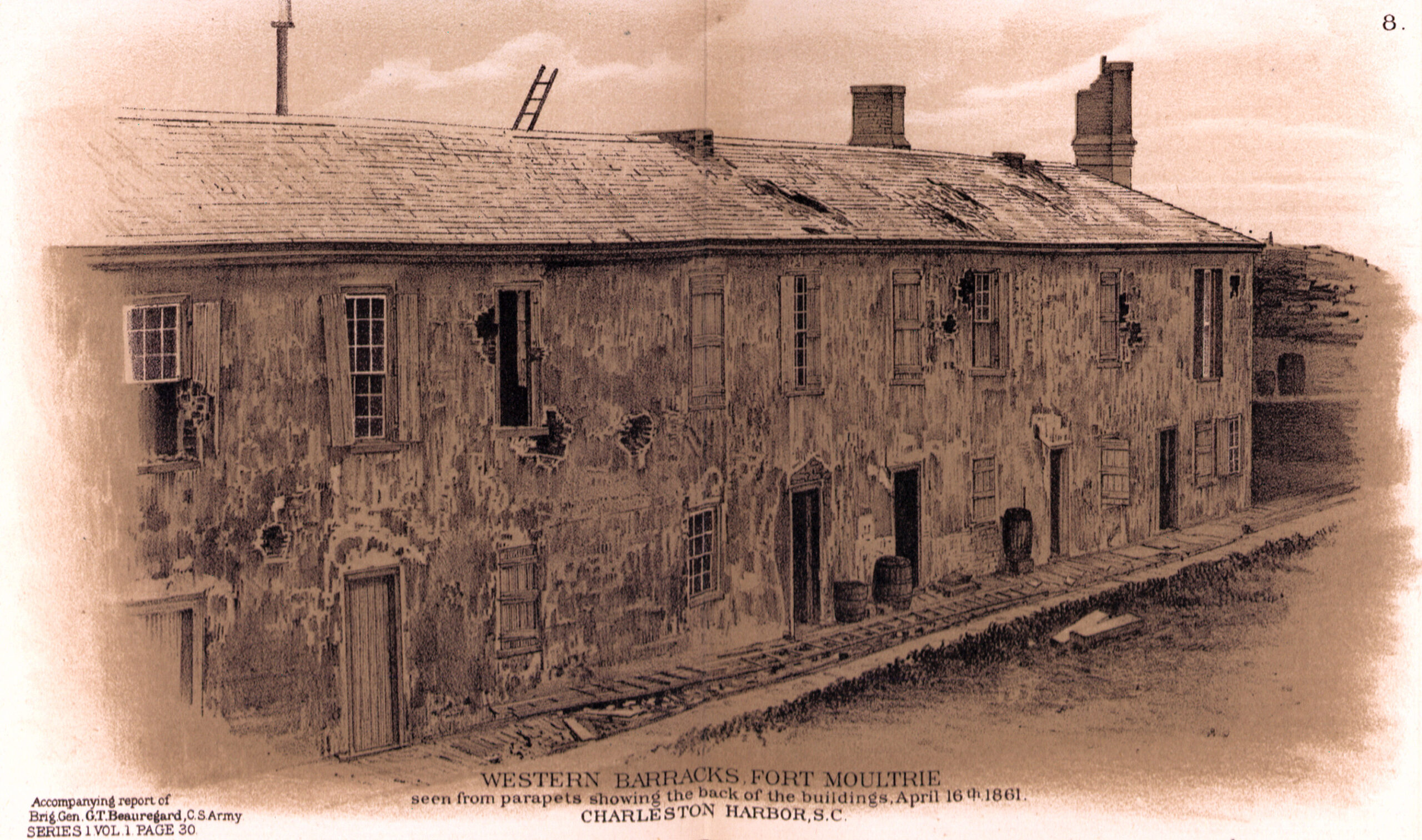 Western Barracks Fort Moultrie, seen from parapets showing the back of the buildings, April 16th, 1861, Charleston Harbor, S.C.