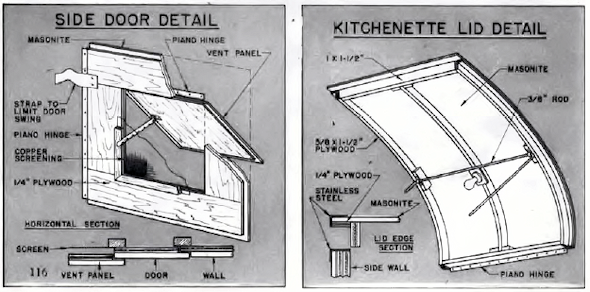Vintage 1947 teardrop trailer construction article - side door detail and kitchenette lid detail