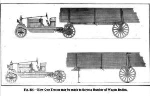 A lumber wagon and a motorized tractor with a 5th wheel to connect them